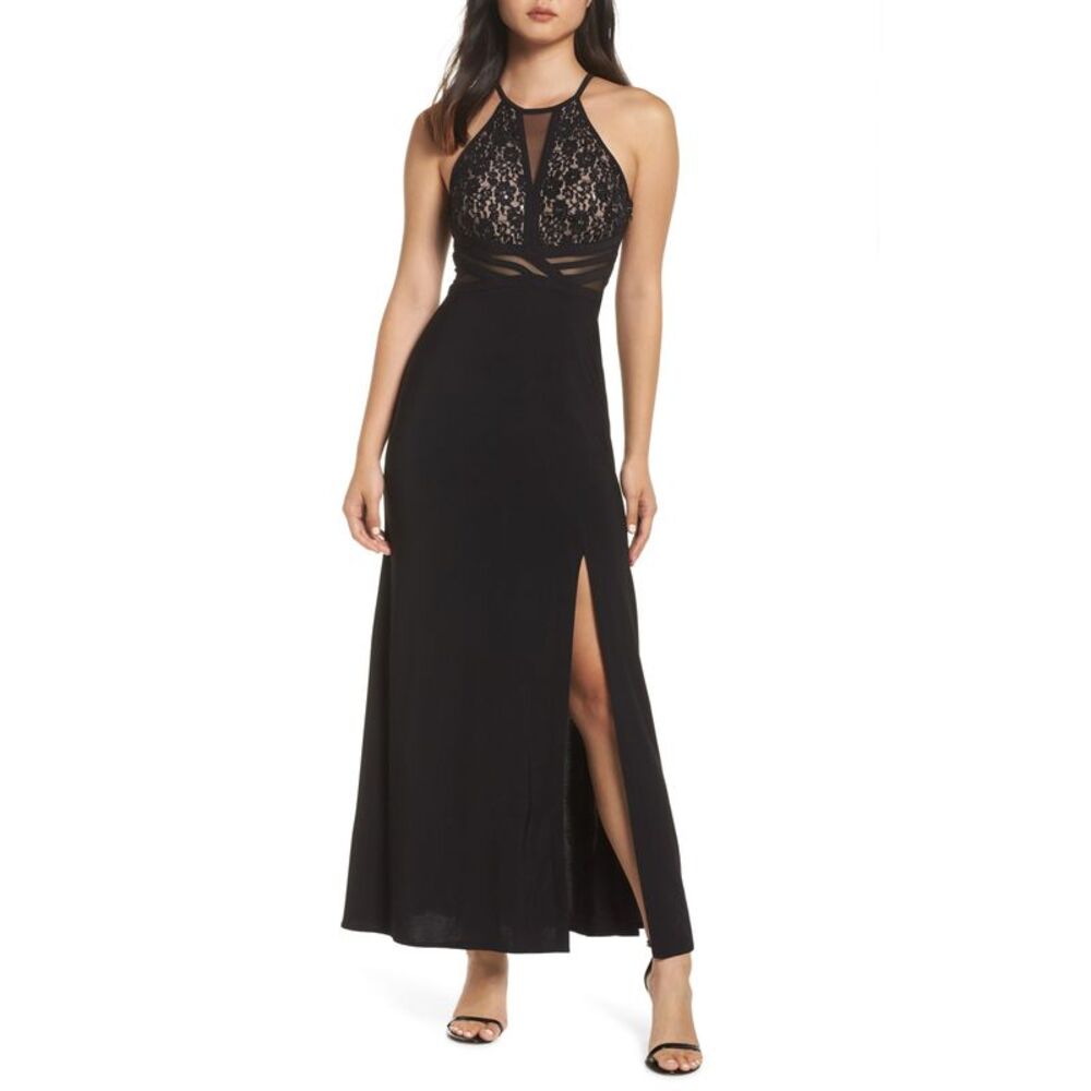 MORGAN & CO Womens Fit + Flare Maxi Dress Black Sleeveless Mesh Juniors 1